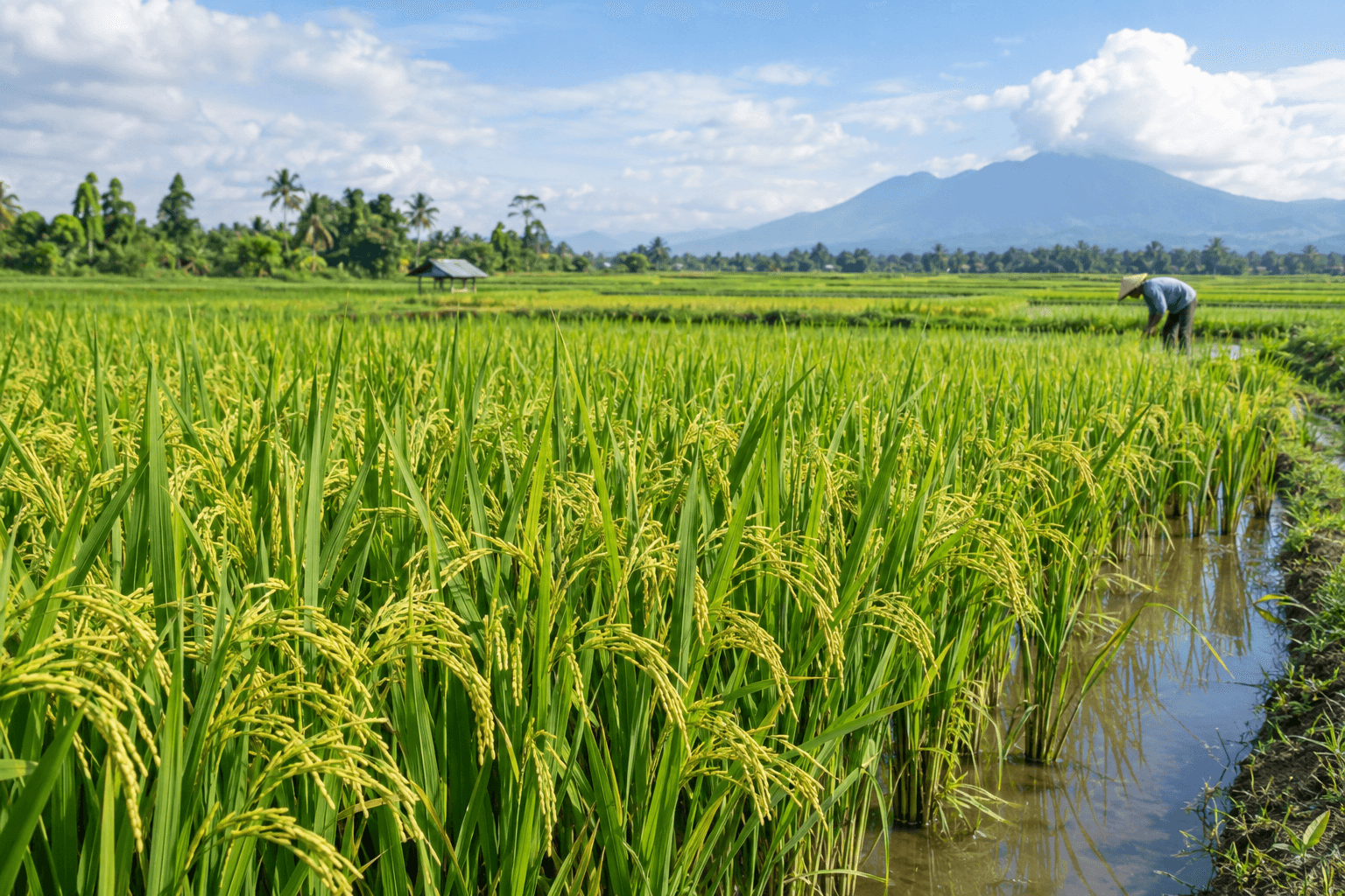 Farmer tending to a lush rice paddy field