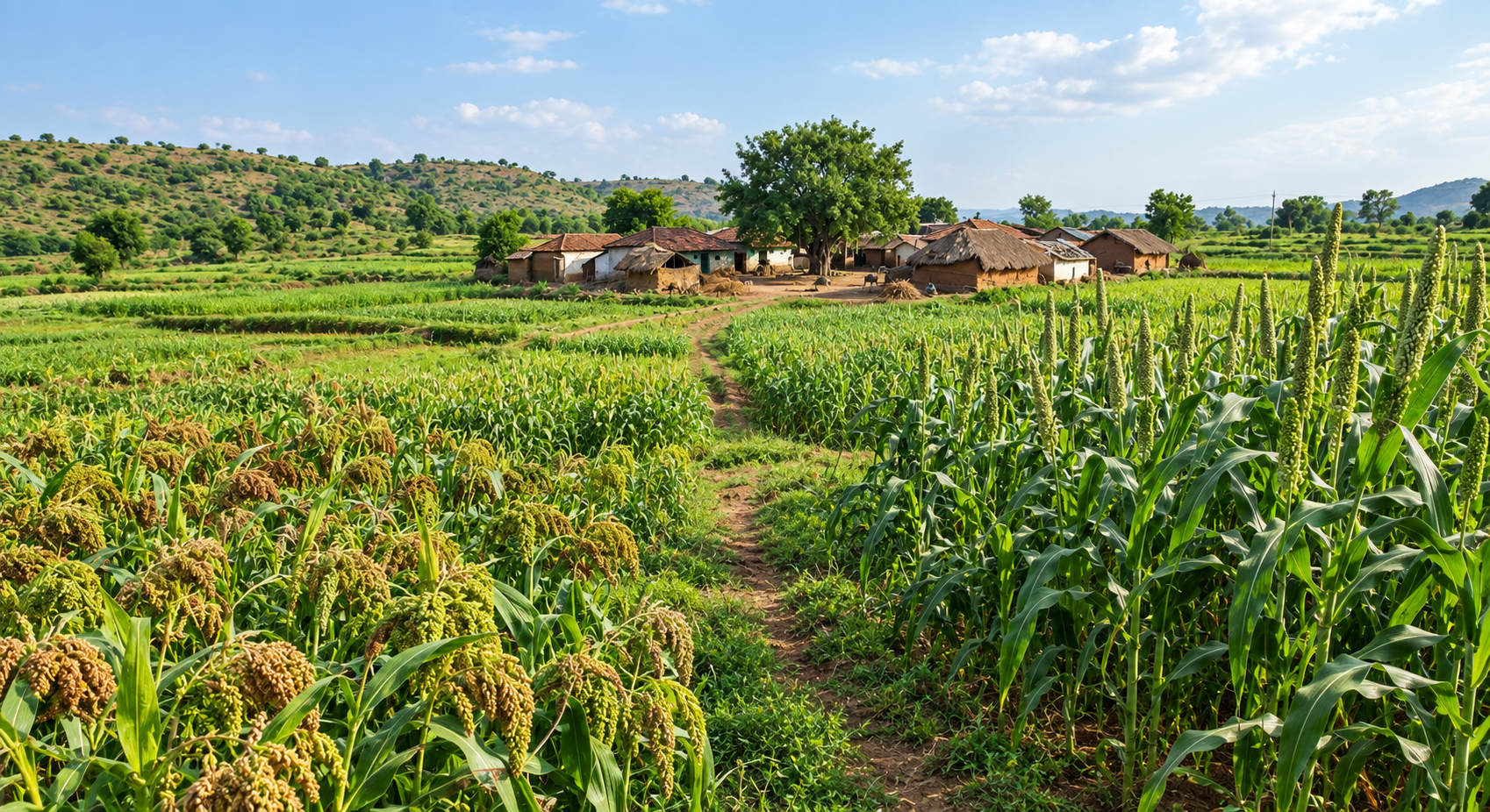 A dirt path through lush millet and corn fields leading to a farming village