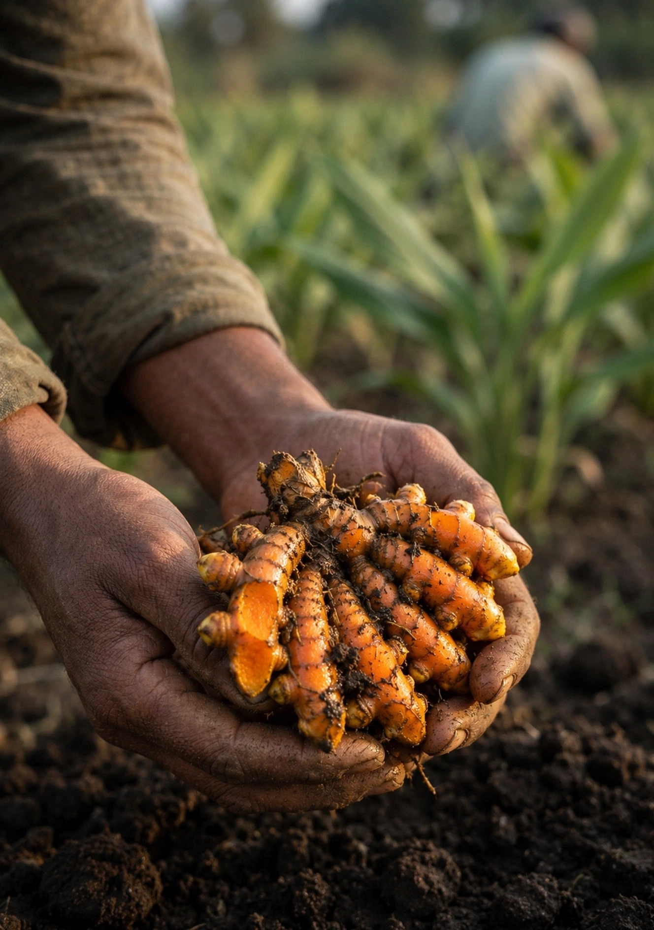 Farmer's hands holding freshly harvested turmeric rhizomes from the field