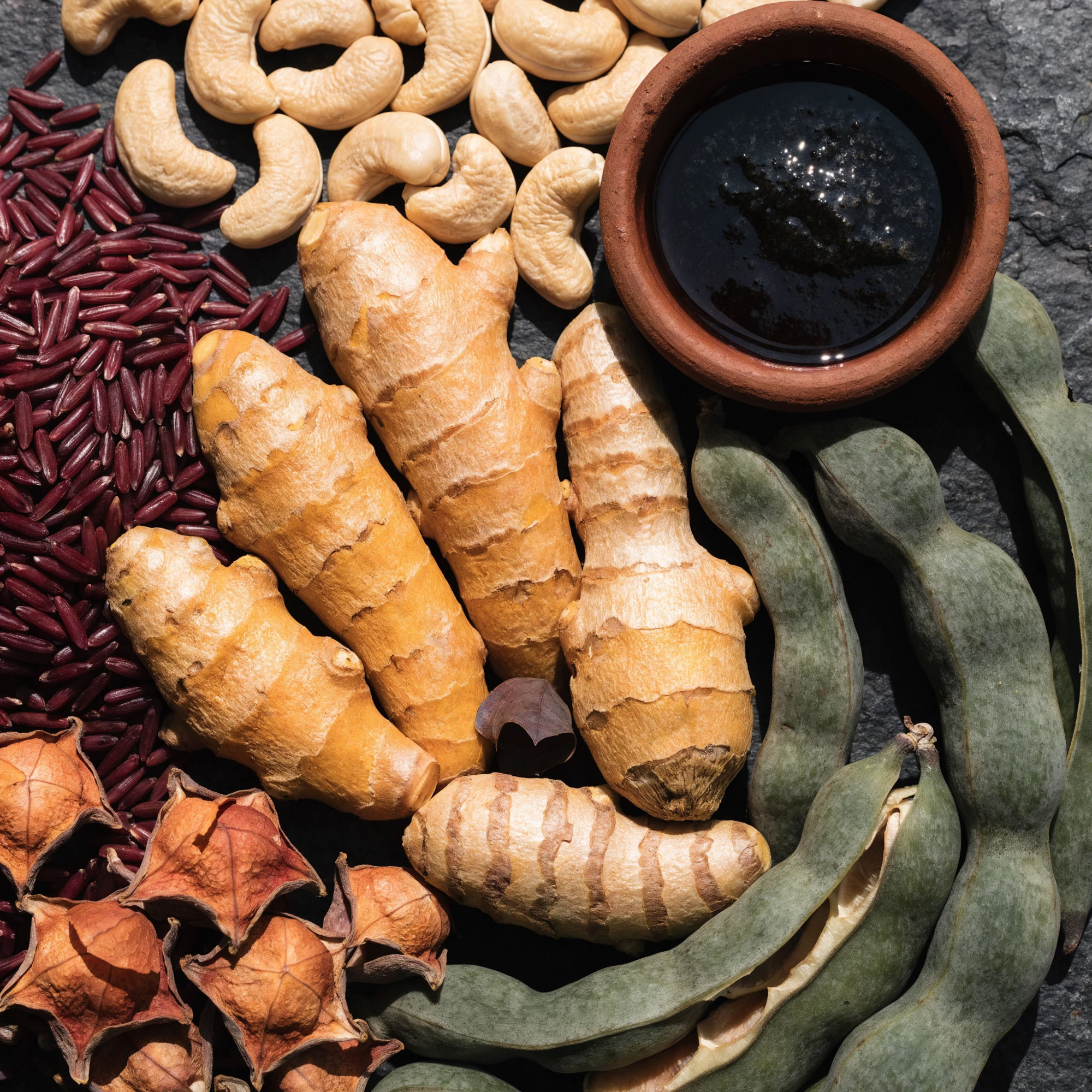 Raw single-origin produce — turmeric, red rice, cashews, forest honey, and kulthi