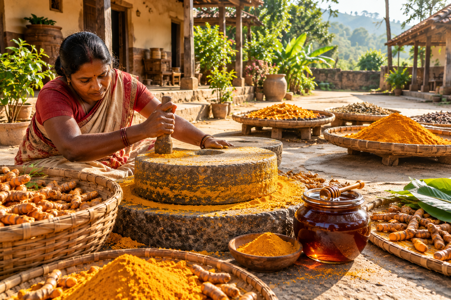 Traditional stone-grinding of turmeric at a heritage farm